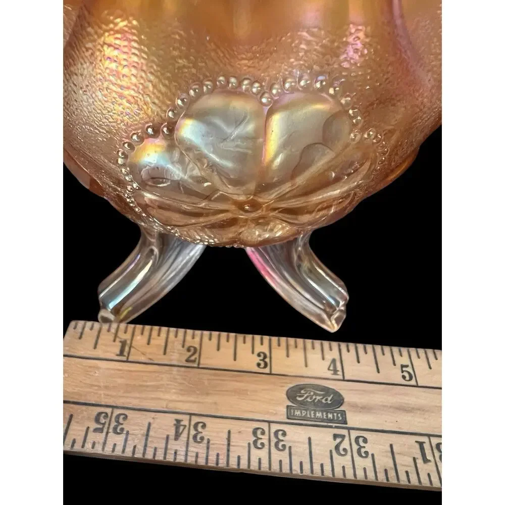 Vintage Northwood Daisy Plume Marigold Orange Carnival Glass Ruffled Rim Bowl